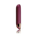 Sleek burgundy vibrator with tapered tip and rose gold accent, featuring a smooth velvet touch silicone finish.