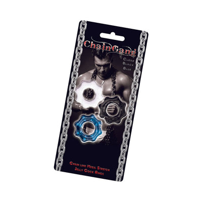 Packaging of Chain Gang Cock Rings 3 pack in clear, black, and blue with chain design and muscular man image on front