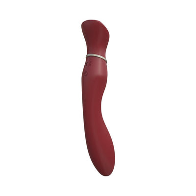 Red ergonomic G-spot vibrator with curved design and smooth silicone finish.