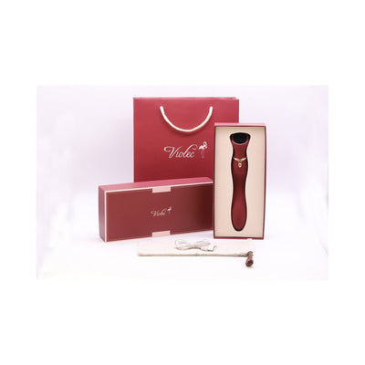 Chance Touch Screen G-spot vibrator in wine color with USB charger, storage pouch, and branded gift box and bag.