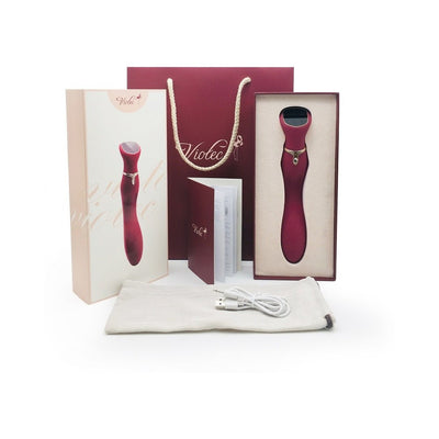 Chance Touch Screen G-spot vibrator in wine color with packaging, USB charging cable, and user manual displayed.
