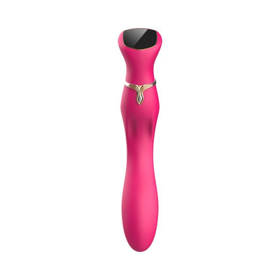 Pink ergonomic G-spot vibrator with a black LED touch screen and gold accent band.