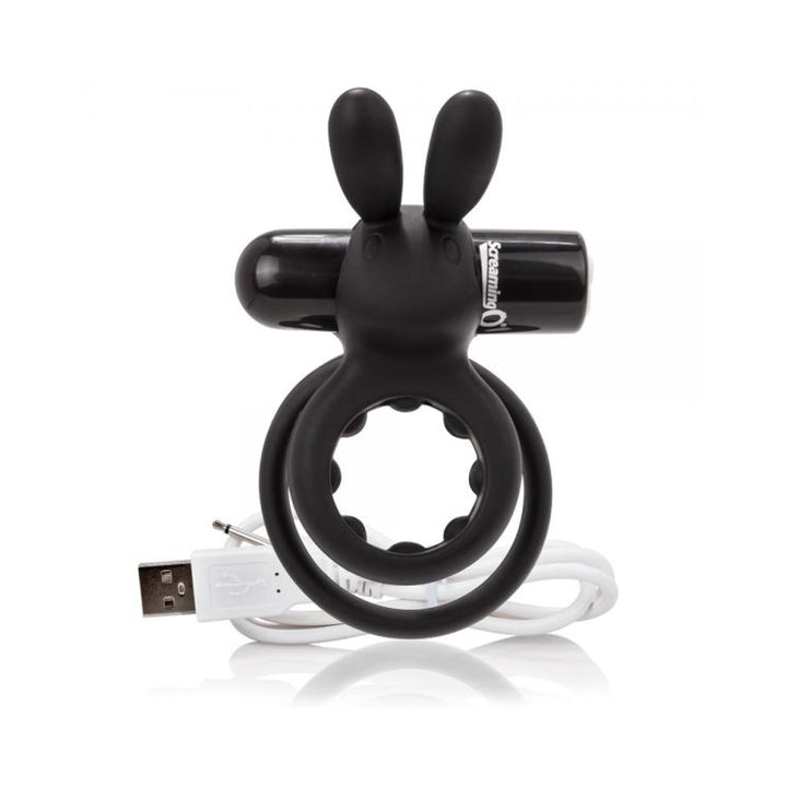 Black rabbit-shaped mini vibe with dual rings and USB charging cable on white background.