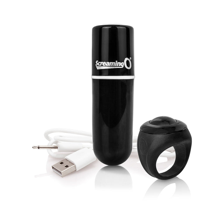 Black Charged Vooom bullet vibrator with USB charging cable and remote control finger ring on white background.