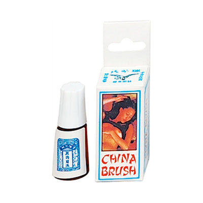 Small white spray bottle and box packaging of China Brush intimacy enhancer with artistic image and red text on the box.