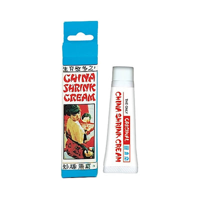 Tube of China Shrink Cream with blue box packaging featuring vintage-style artwork and red text.