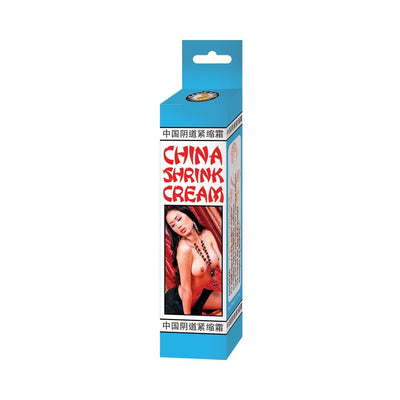 Packaging of China Shrink Cream 1.5oz with an image of a woman and bold red text on a blue and white box.