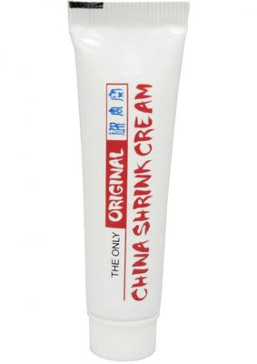 Tube of China Shrink Cream in white soft packaging with red and blue text, .5 oz size.