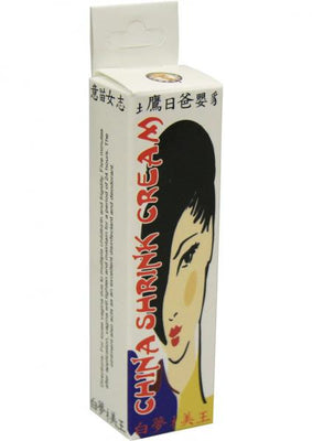 Box packaging of China Shrink Cream featuring stylized illustration of a woman's face and product name in red text.