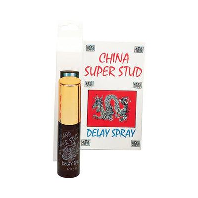 China Super Stud Delay Spray in black and gold bottle with packaging featuring a red dragon design.