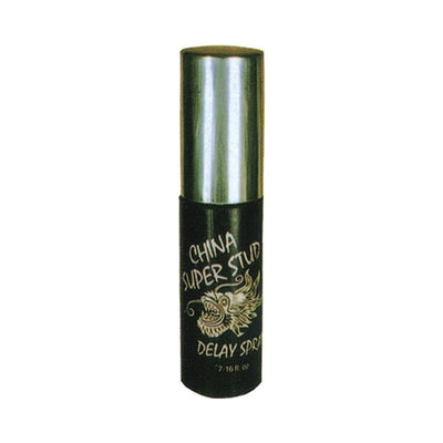 China Super Stud Delay Spray in black bottle with silver cap and dragon design, 0.44 oz size