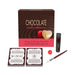 Chocolate Seductions kit with body chocolate bottle, brush, red die, two seduction cards, and box packaging.