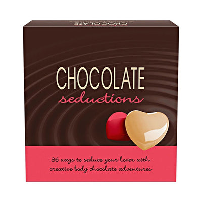 Chocolate Seductions box featuring 36 creative body chocolate seduction ideas with heart-shaped chocolate illustrations.