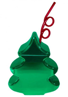 Green metallic Christmas tree-shaped cup with a playful red curly straw, 24 oz capacity for holiday drinks.