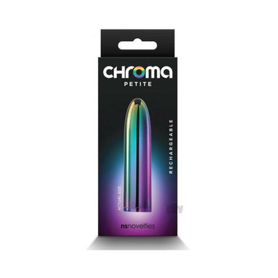 Chroma Petite Bullet vibrator in a sleek, multi-color metallic finish with rechargeable feature packaging.