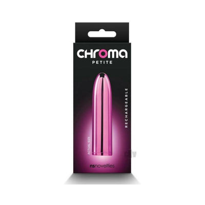 Packaging of Chroma Petite Bullet in pink, sleek and compact rechargeable personal massager.