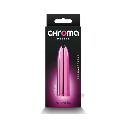 Packaging of Chroma Petite Bullet in pink, sleek and compact rechargeable personal massager.