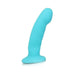 Blue pure silicone dildo with a curved shape and smooth satin finish, designed for G-spot stimulation and harness compatibility.