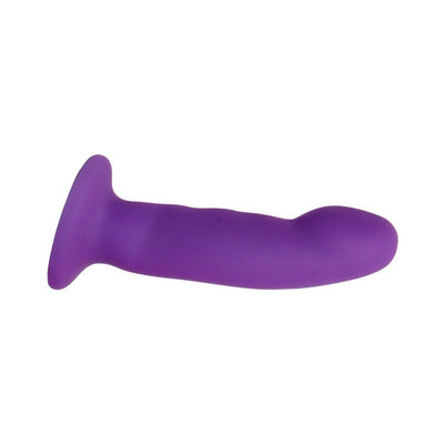 Purple pure silicone dildo with smooth satin finish and flared base for harness compatibility.