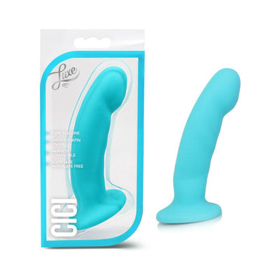 Blue silicone dildo with curved design and suction base shown inside and outside clear packaging.