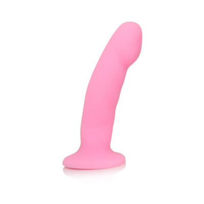 Pink pure silicone dildo with curved tip and smooth satin finish, designed for G-spot stimulation and harness compatibility.