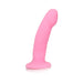 Pink pure silicone dildo with curved tip and smooth satin finish, designed for G-spot stimulation and harness compatibility.