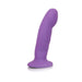 Purple pure silicone dildo with curved tip and suction cup base on white background