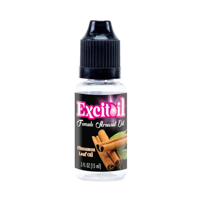 Small clear bottle of Excitoil Cinnamon Leaf Oil Female Arousal Oil with black cap and cinnamon stick label design