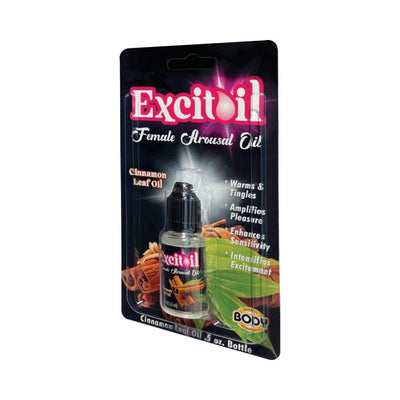 Excitoil Cinnamon Female Arousal Oil .5oz bottle in blister pack with cinnamon sticks and leaves on packaging.