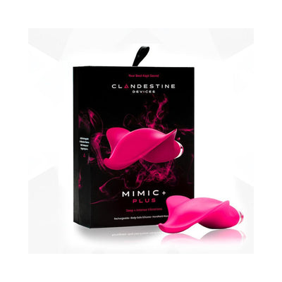 Clandestine Devices Mimic Plus handheld massager in magenta with sleek packaging on white background.