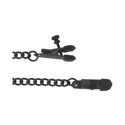 Black adjustable nipple clamp with chain and screw for pressure control, designed for customizable comfort and stimulation.