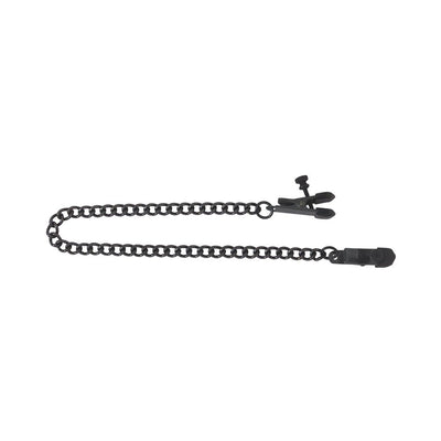 Black adjustable nipple clamp attached to a linked chain with rubber tips for comfort and a screw for pressure control.