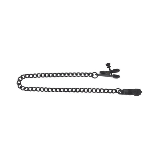 Black adjustable nipple clamp attached to a linked chain with rubber tips for comfort and a screw for pressure control.