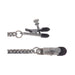Close-up of classic adjustable nipple clamps with rubber tips and attached silver chain on white background.