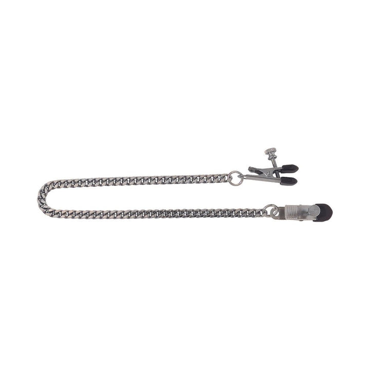 Silver adjustable nipple clamps with black rubber tips connected by a linked chain for customizable pressure and comfort.