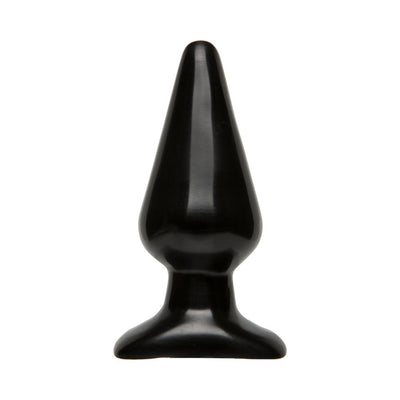 Large black classic tapered butt plug with flared base made from smooth body-safe PVC material.