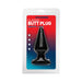 Large smooth black classic butt plug in clear retail packaging with red and blue background.