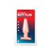 Medium-sized smooth butt plug in peach color packaged in clear plastic with red and blue background.