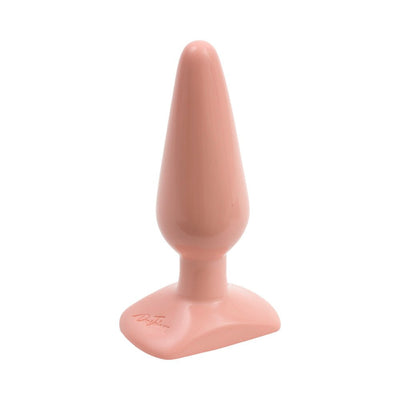 Medium-sized smooth tapered butt plug in soft pink with a wide base for secure use.