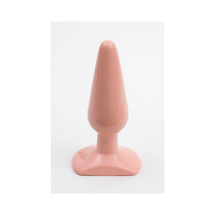 Medium-sized smooth tapered butt plug in soft pink with a flared base for safe use.