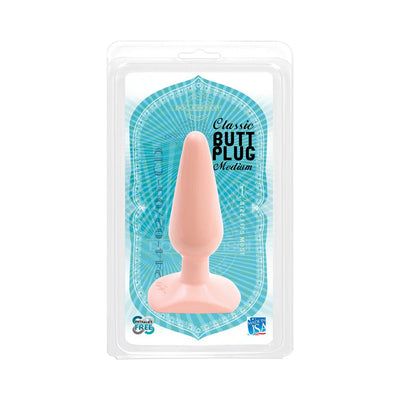 Medium-sized smooth tapered butt plug in soft white, packaged in clear plastic with blue decorative background.