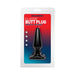 Doc Johnson Classic Medium Smooth Black Butt Plug in clear retail packaging with red and blue background.