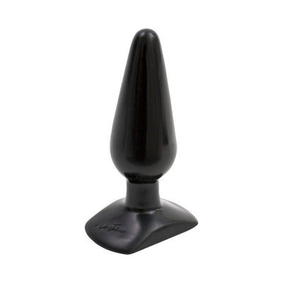 Medium-sized black tapered butt plug with a flared base, smooth surface, and subtle logo engraving.