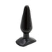 Medium-sized black tapered butt plug with a flared base, smooth surface, and subtle logo engraving.