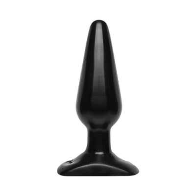 Medium-sized black tapered butt plug with flared base, smooth surface, designed for beginner use.