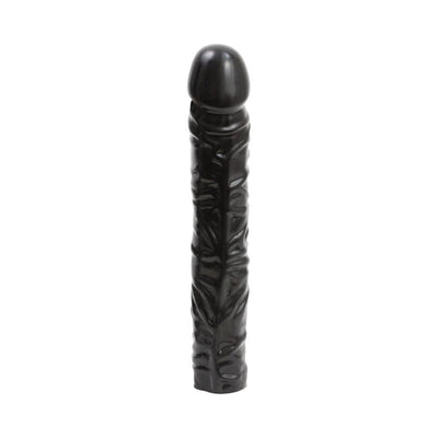 Black realistic textured adult toy with a firm, veined shaft and rounded tip.