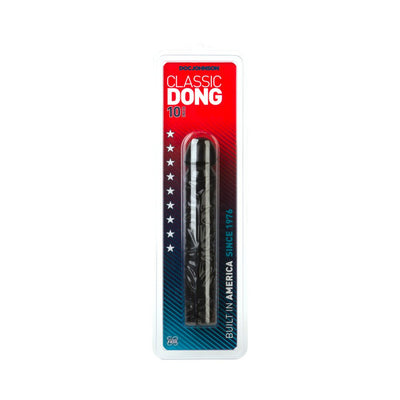 Doc Johnson Classic Dong 10 inch in black, packaged in red and blue blister pack with star design.