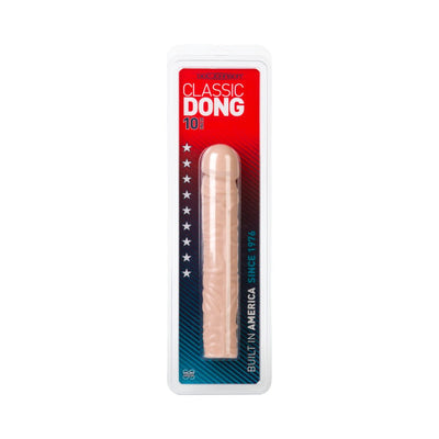 Classic 10-inch white realistic dong with veined texture in clear retail packaging by Doc Johnson.