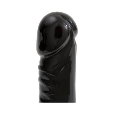Close-up of a black 8-inch realistic textured adult toy with a smooth, glossy finish.