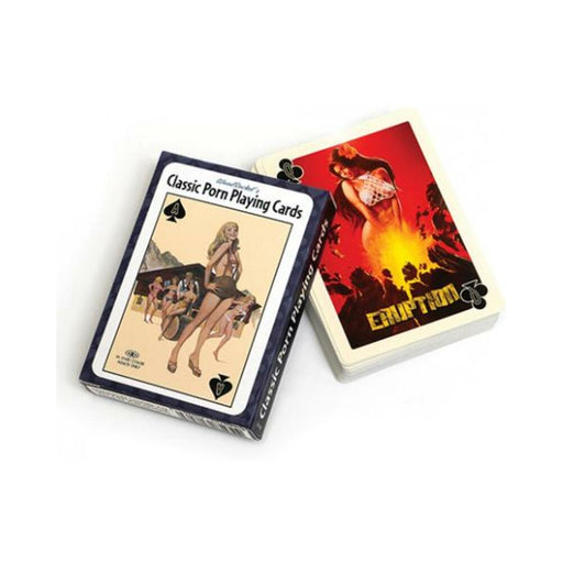 Deck of Classic Porn Playing Cards with vintage adult film poster art on the box and card, featuring retro illustrations.